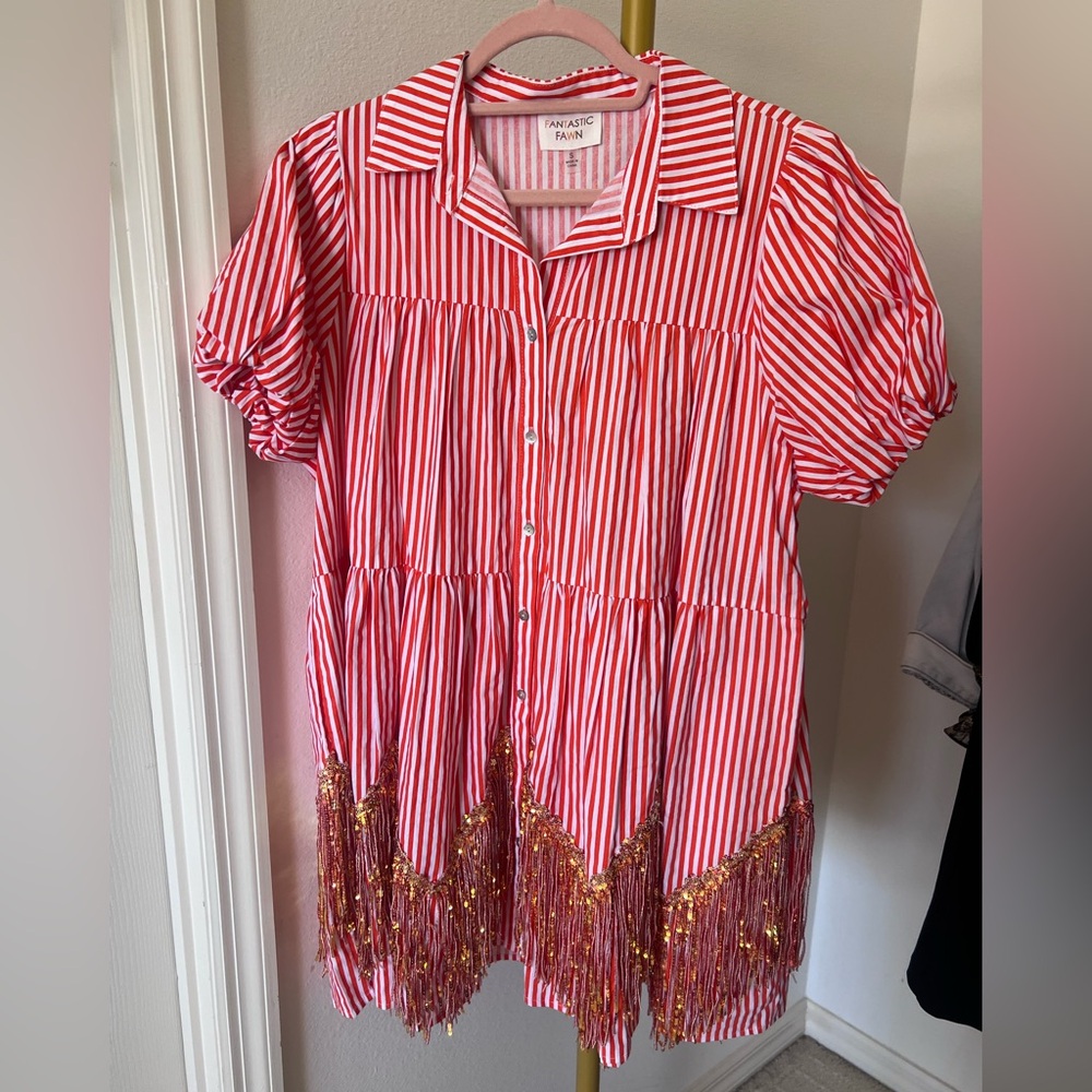 Fantastic Fawn Red & White Stripe Button Down Gold Fringe Mini Dress SM